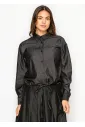 Shimmer Black Collared Denim Shirt Blouse