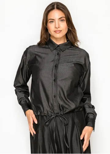 Shimmer Black Collared Denim Shirt Blouse