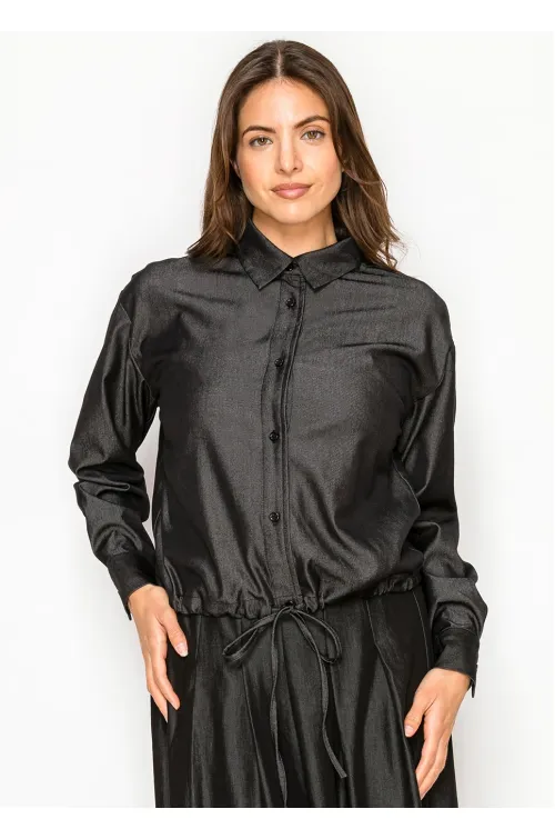 Shimmer Black Collared Denim Shirt Blouse