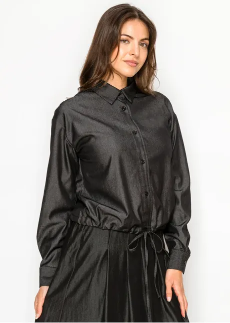 Shimmer Black Collared Denim Shirt Blouse