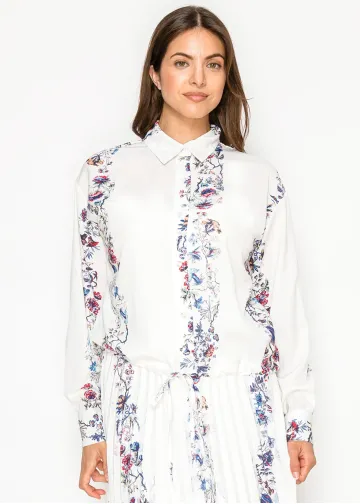 White Floral Stripe Button Down Blouse