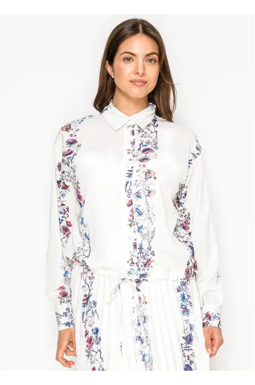 White Floral Stripe Button Down Blouse
