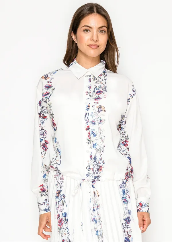 White Floral Stripe Button Down Blouse
