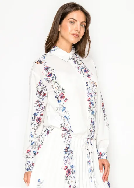 White Floral Stripe Button Down Blouse