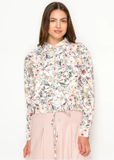 Floral Blouse with Drawstring Hem in White
