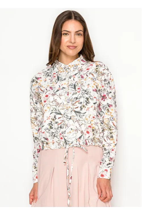 Floral Blouse with Drawstring Hem in White