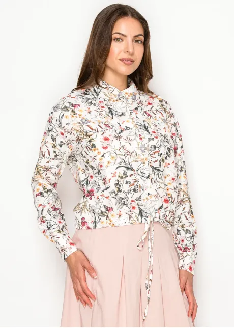 Floral Blouse with Drawstring Hem in White
