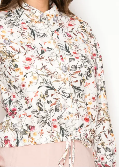 Floral Blouse with Drawstring Hem in White