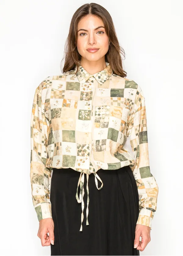 Green Patchwork Button Down Blouse