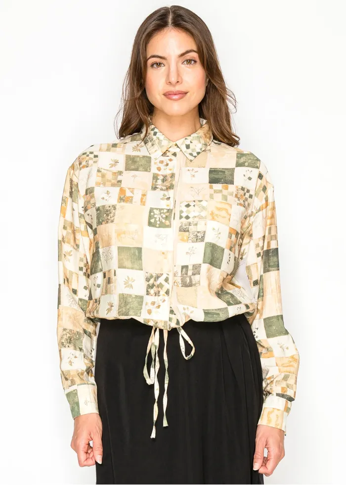 Green Patchwork Button Down Blouse