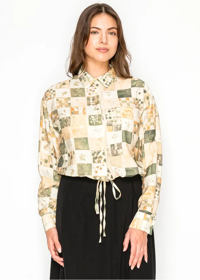 Green Patchwork Button Down Blouse