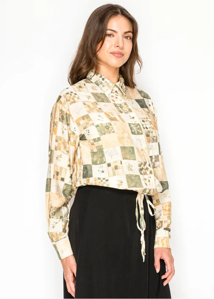 Green Patchwork Button Down Blouse