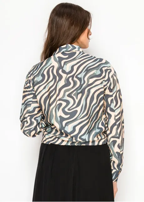 Navy Marble Button Blouse with Tie Waist