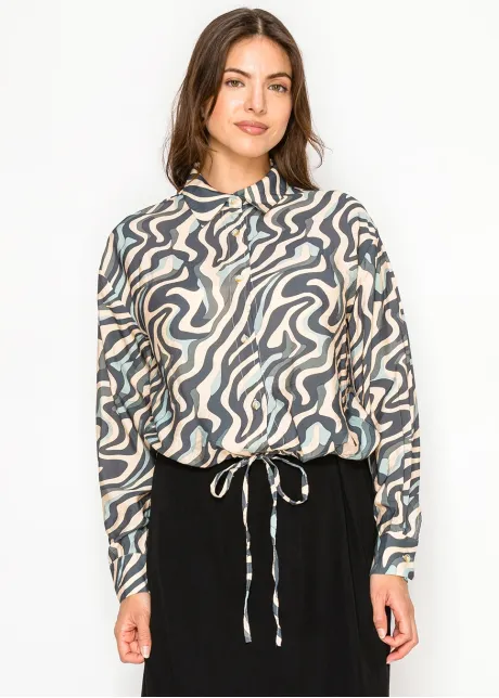 Navy Marble Button Blouse with Tie Waist