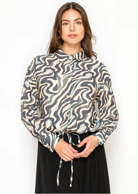 Navy Marble Button Blouse with Tie Waist