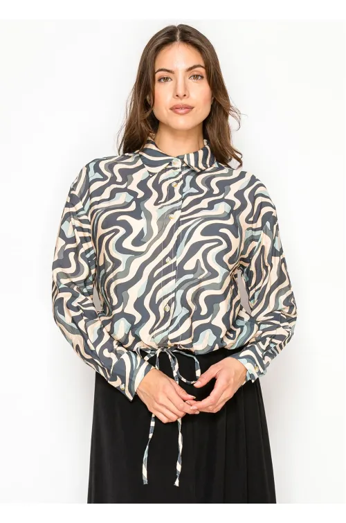 Navy Marble Button Blouse with Tie Waist