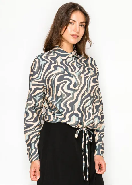 Navy Marble Button Blouse with Tie Waist