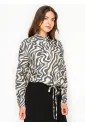 Navy Marble Button Blouse with Tie Waist