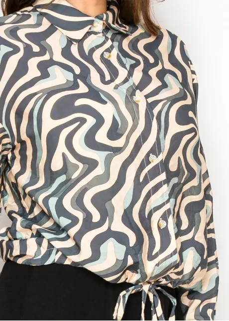 Navy Marble Button Blouse with Tie Waist