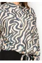 Navy Marble Button Blouse with Tie Waist