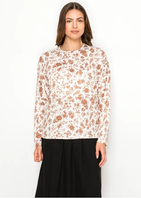 Rust Floral Cotton Blend Long Sleeve Tee
