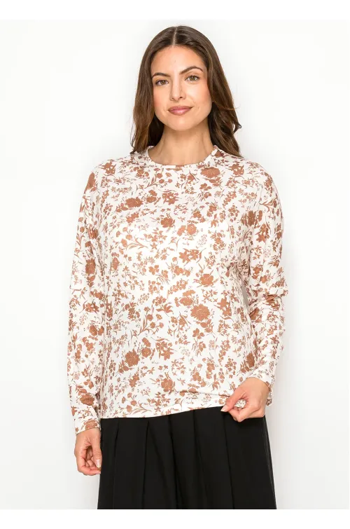 Rust Floral Cotton Blend Long Sleeve Tee