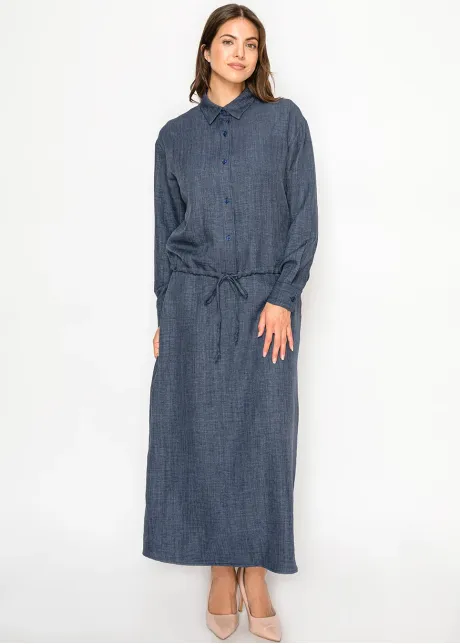 Navy Textured Blouse with Drawstring Waist