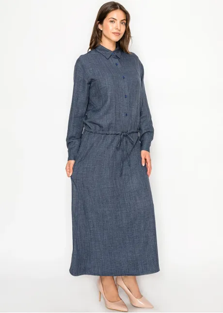 Navy Textured Blouse with Drawstring Waist