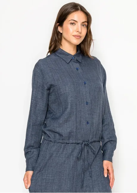 Navy Textured Blouse with Drawstring Waist
