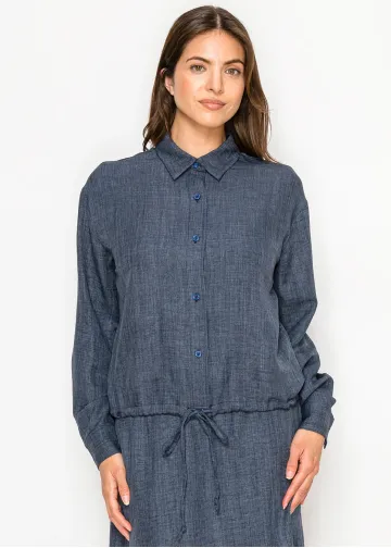 Navy Textured Blouse with Drawstring Waist