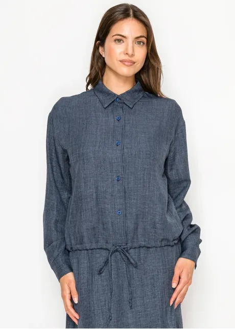 Navy Textured Blouse with Drawstring Waist