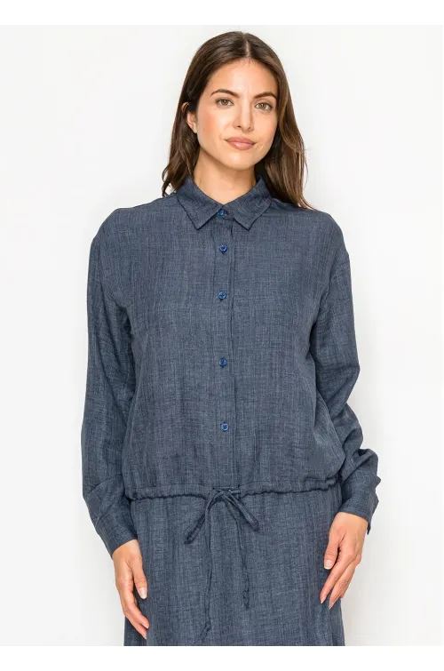 Navy Textured Blouse with Drawstring Waist