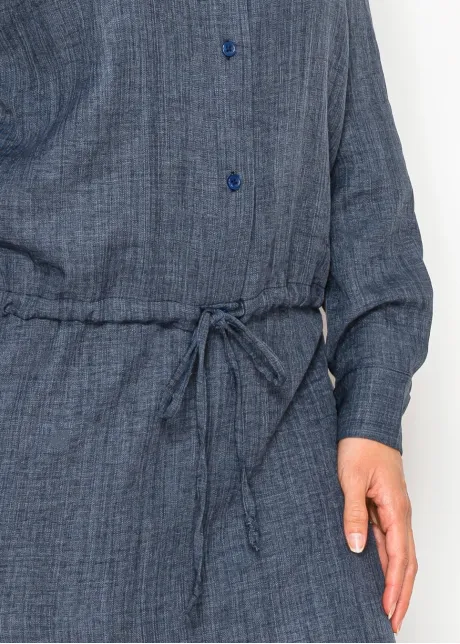 Navy Textured Blouse with Drawstring Waist