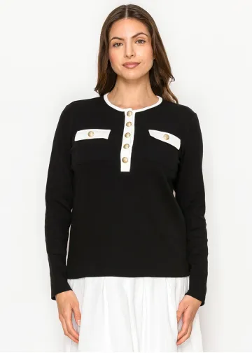 Black Contrast Trim Button Detail Tee