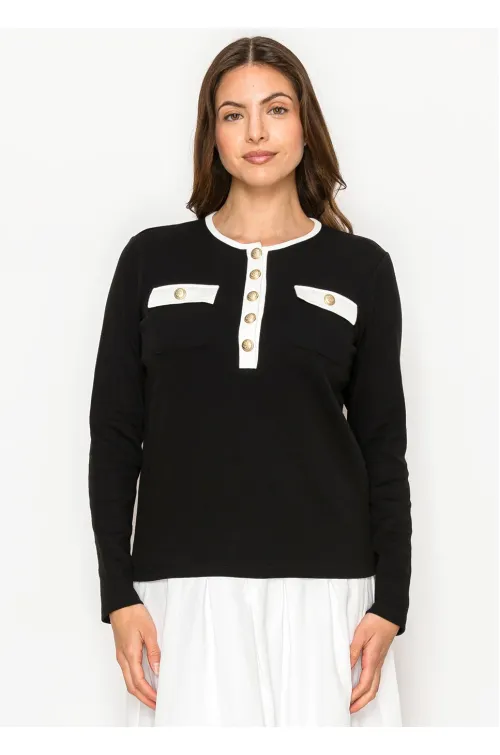 Black Contrast Trim Button Detail Tee