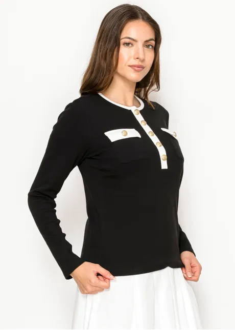Black Contrast Trim Button Detail Tee