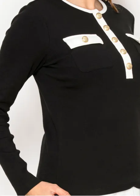 Black Contrast Trim Button Detail Tee