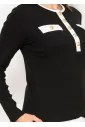 Black Contrast Trim Button Detail Tee