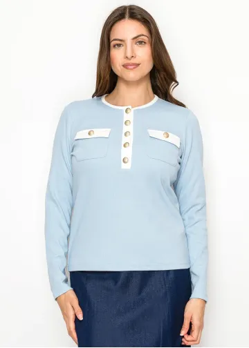 Blue Long Sleeve T-Shirt with Gold Detail
