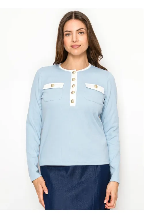 Blue Long Sleeve T-Shirt with Gold Detail