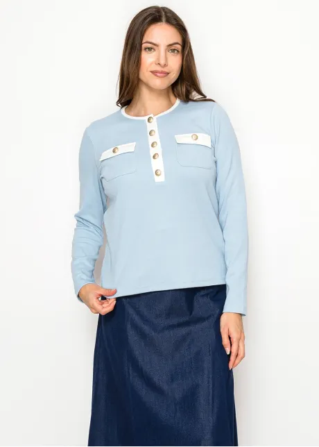 Blue Long Sleeve T-Shirt with Gold Detail