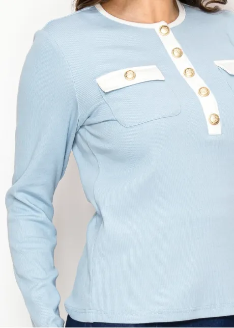 Blue Long Sleeve T-Shirt with Gold Detail