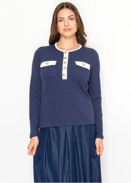 Navy Contrast Trim Cotton Henley Tee