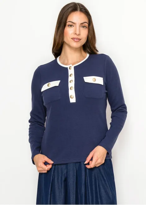 Navy Contrast Trim Cotton Henley Tee