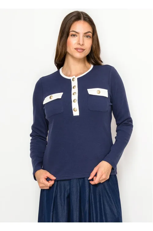 Navy Contrast Trim Cotton Henley Tee
