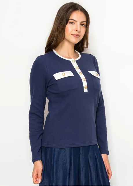 Navy Contrast Trim Cotton Henley Tee