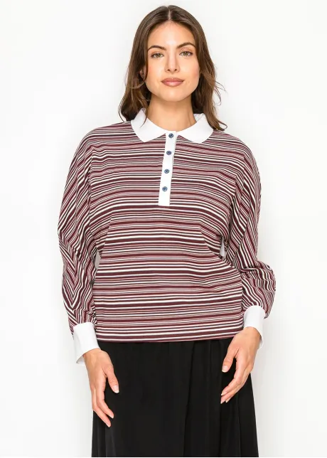 Burgundy Stripe Collared Long Sleeve Tee