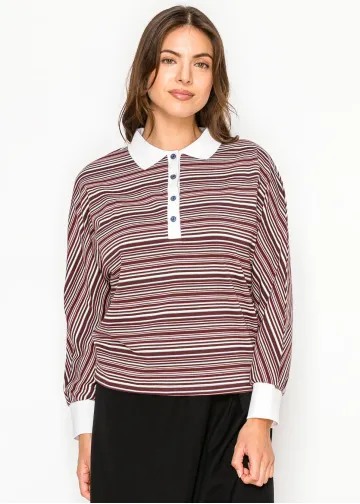 Burgundy Stripe Collared Long Sleeve Tee