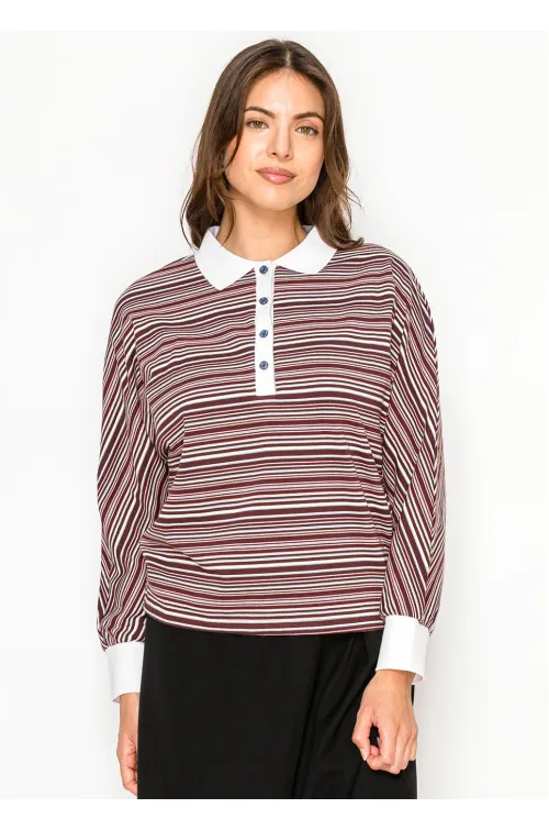 Burgundy Stripe Collared Long Sleeve Tee