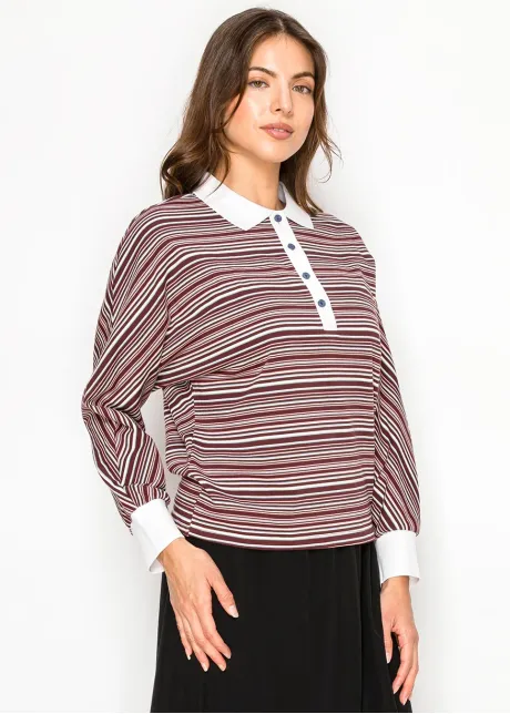 Burgundy Stripe Collared Long Sleeve Tee